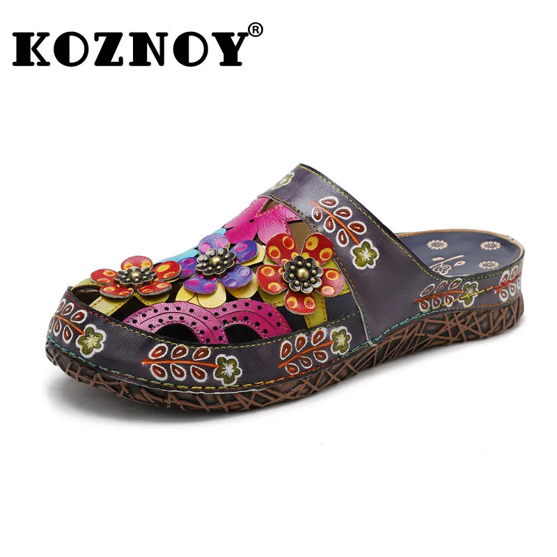 

Koznoy Woman Summer 2023 Print 3cm Sheepskin Leather Appliques Slippers Luxury Designer Mixed Color Ethnic Flats Big Size Shoes