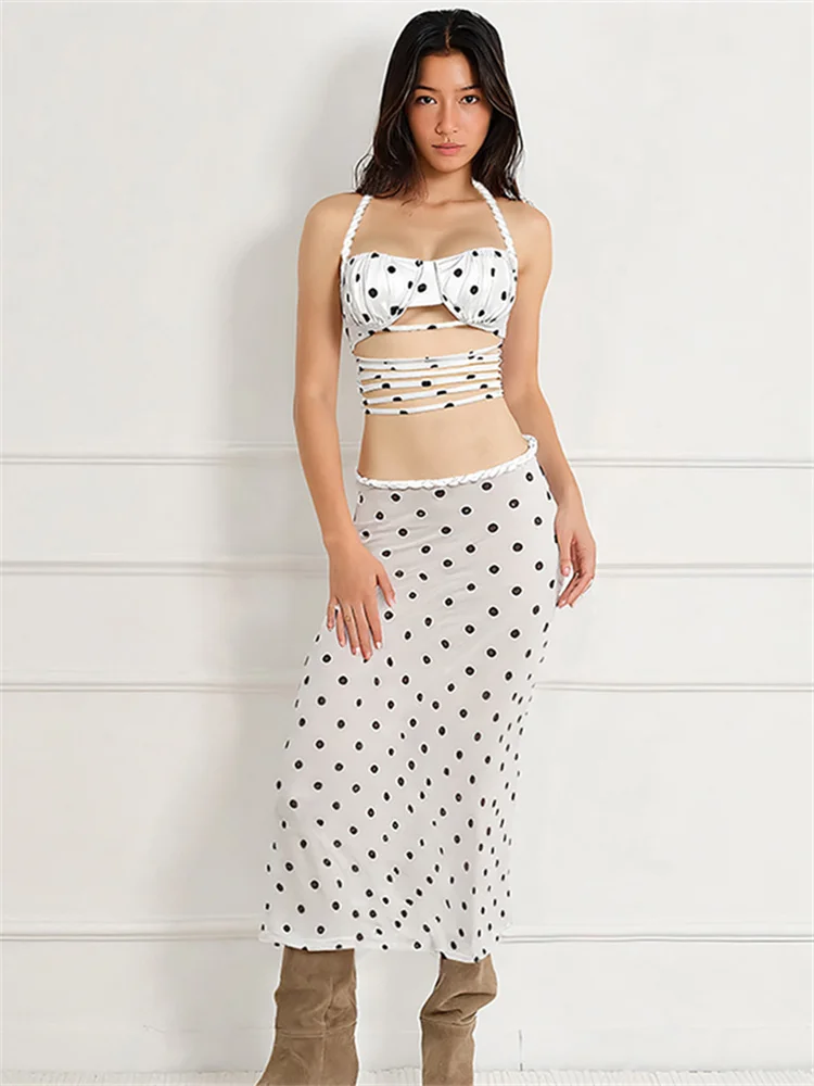 Nibber Sexy Polka Dots Print 2 Piece Set Women Halter Plait Hollow Stripe Camisole+Mid Skirts Simple Streetwear Matching Outfits