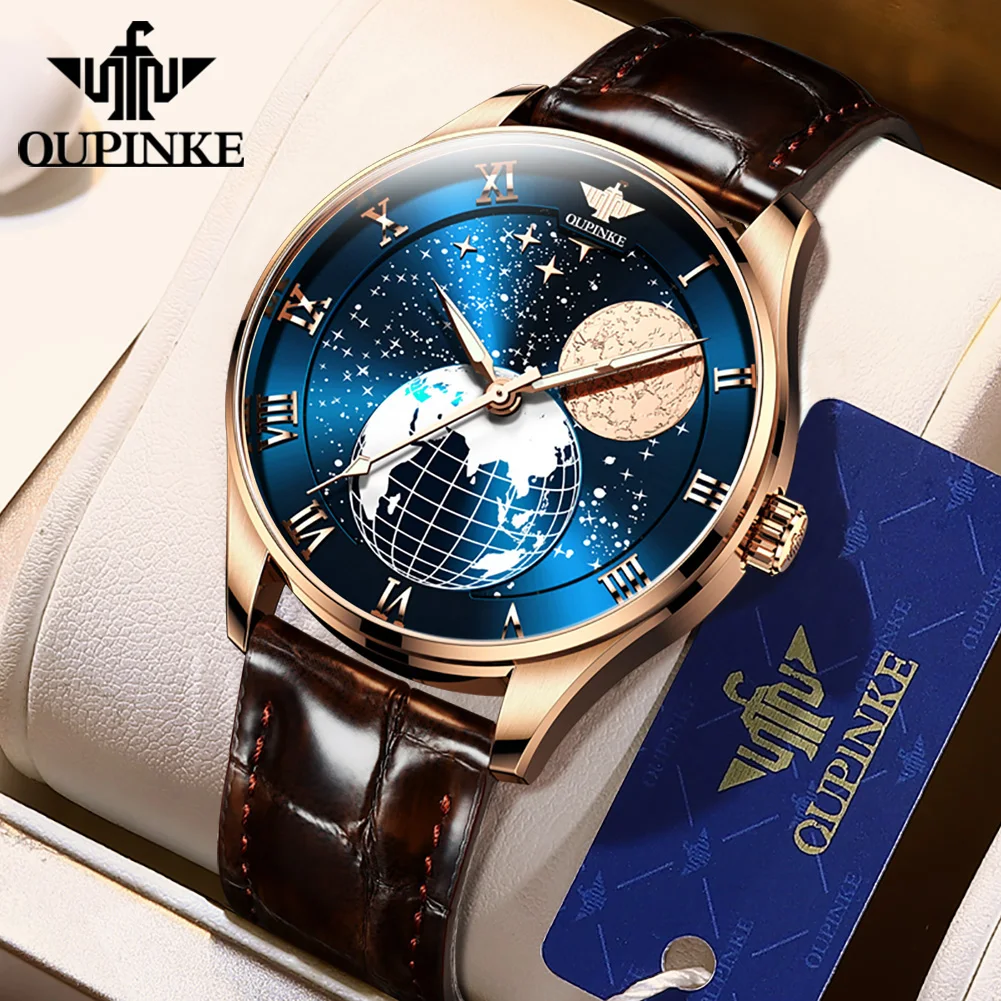 OUPINKE 3177 Top Fashion Men's Automatic Mechanical Watch Luxury Brand Star Moon 3D Earth Relief Design Waterproof Men's Watch