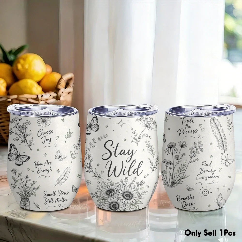 Quotes & Botanical Sketch Vacuum Flasks 12oz Eggshell Cup With Lid Portable Coffee Cups Travel Household Office Drinking Mug