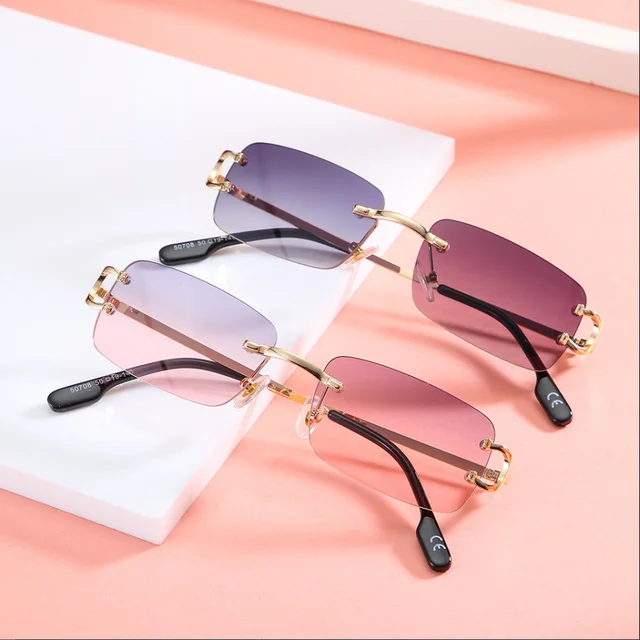 2024 Lunettes De soleil sans monture en métal Vintage cadre carré femmes lunettes De soleil marque De luxe Design lunettes De soleil femmes miroir Gafas De Sol 1