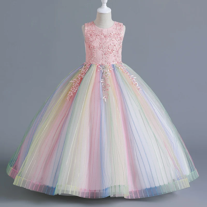 

CL522 Girls' Dress Sleeveless Mesh Puffy Princess Length Rainbow Skirt Dinner Piano Performance