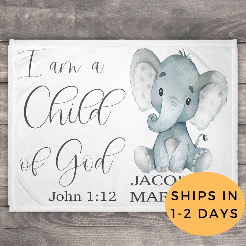

Baptism Gift Boy, Personalized Christian Gift, I Am A Child Of God, Bible Verse Blanket, Elephant Blanket, Baptism Decorations,