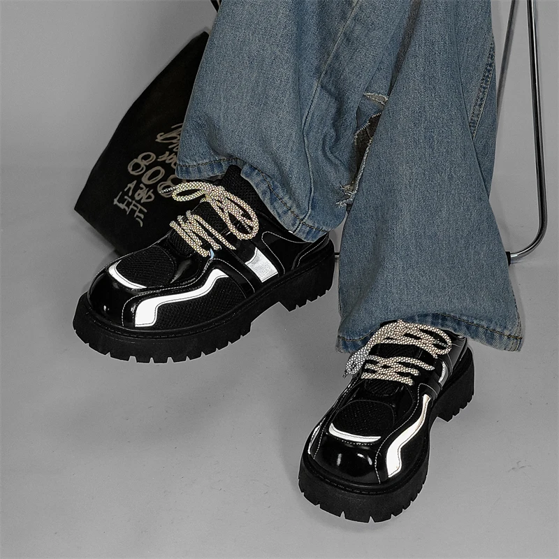 STRONGSHEN Spring Men Casual Shoes Leather Designer Shoes Mesh Breathable Slip On Platform Loafers Luxury Lace-up Dress Shoes 3