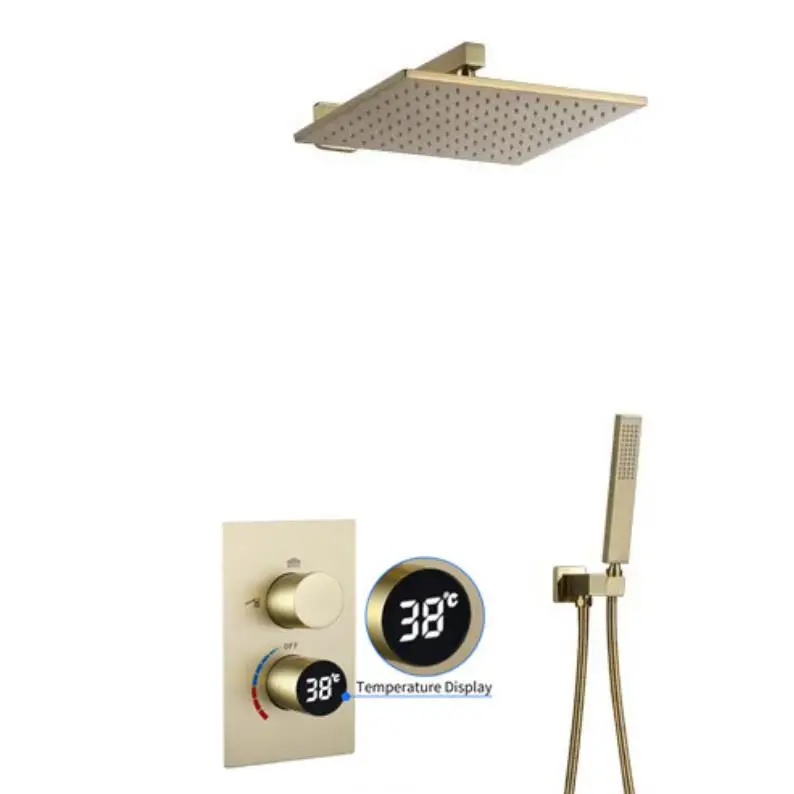 ชุดฝักบัวอาบน้ำทองเหลืองฝักบัวอาบน้ำเหนือศีรษะฝนตกเย็นและร้อนแปรงสีทองแบบดิจิทัลเซ็ทฝักบัวติดผนังก๊อกน้ำติดผนัง 1
