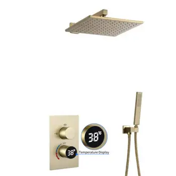 ชุดฝักบัวอาบน้ำทองเหลืองฝักบัวอาบน้ำเหนือศีรษะฝนตกเย็นและร้อนแปรงสีทองแบบดิจิทัลเซ็ทฝักบัวติดผนังก๊อกน้ำติดผนัง 1