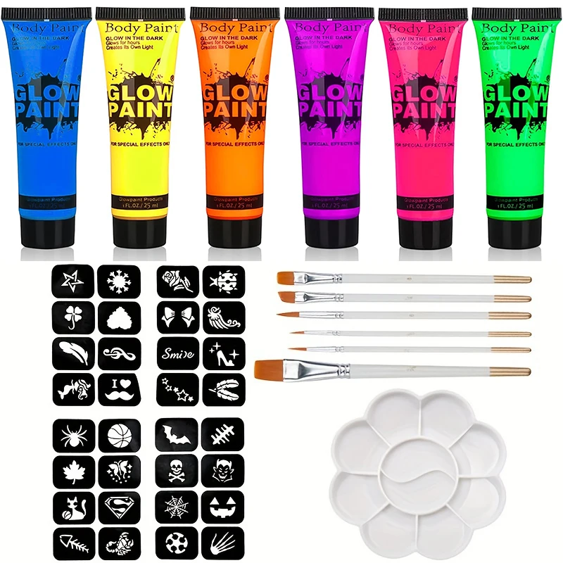 6 יחידות צבע פלואורסצנטי זוהר בחושך צבע גוף פנים למסיבת הלווין אירוע איפור מועדון איפור חג המולד