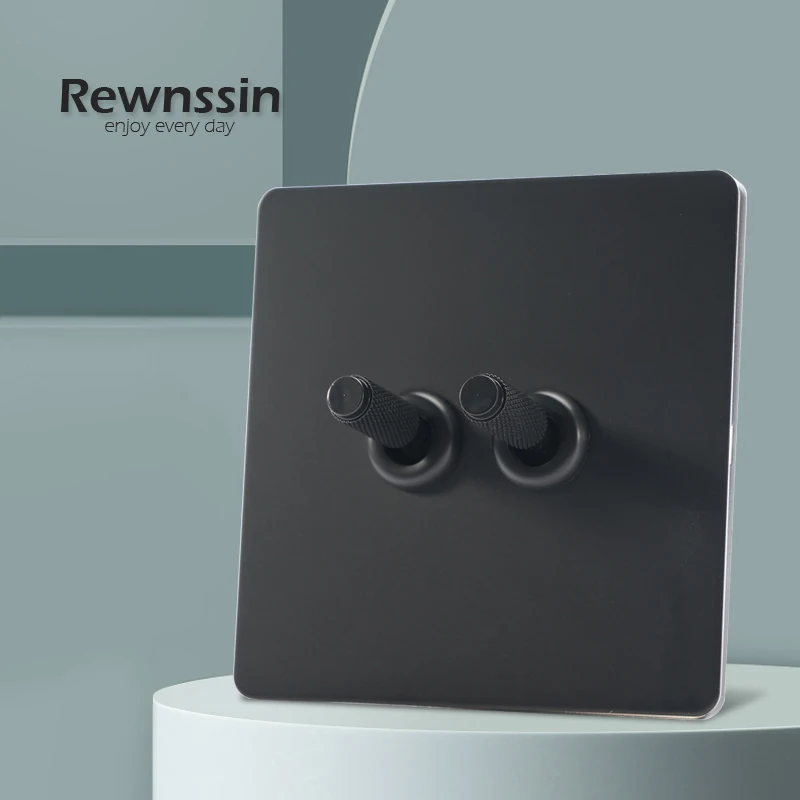 

Rewnssin Toggle Switch Black Vintage Metal Panel, 86*86mm, Wall Power Sockets, EU FR Plug 1 2 3 4 Gang 2 Way Home Switches Retro