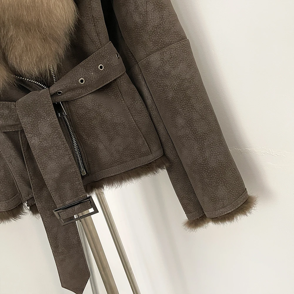 OFTBUY New Autumn Winter Real Fox Fur Collar Clothes Female Belt Suede Jacket Women Thick Warm Natural Rabbit Fur Lining Coat