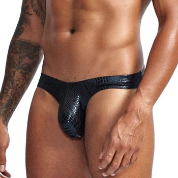 Intimo da uomo in ecopelle Slip sexy in pelle di serpente Homme Lingerie Mutande erotiche ultra sottili Mutandine dall'aspetto bagnato 1