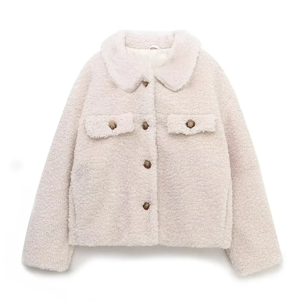 

TRAF 2023 Women Solid Fleece Jackets Casual Loose Lapel Patch Pocket Coats Woman's Winter Vintage Beige Single Breasted Jacket