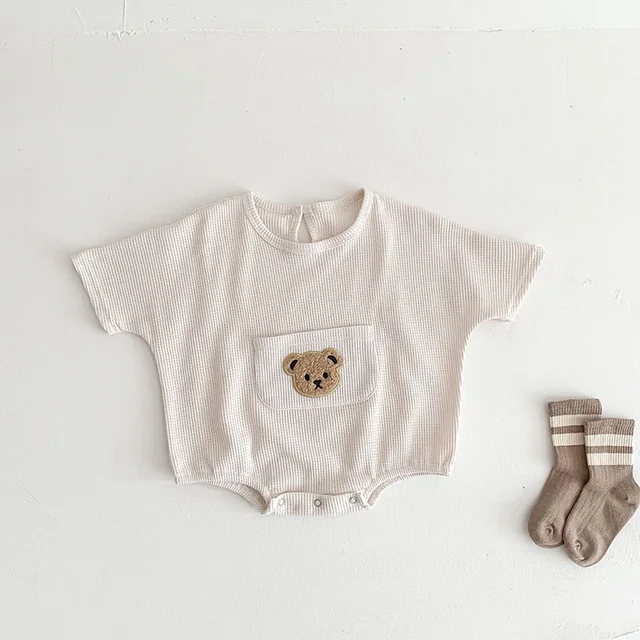 MILANCEL 2022 Summer Baby Clothes Waffle Infant One Piece Boys Bear Bodysuits Short Sleeve Infant Clothing 4