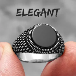 Turquoise Gemstone Unisex Stainless Steel Rings - Punk Rock Fashion Jewelry Accessory Gift - 8 (R1301 - Elegant - Black)