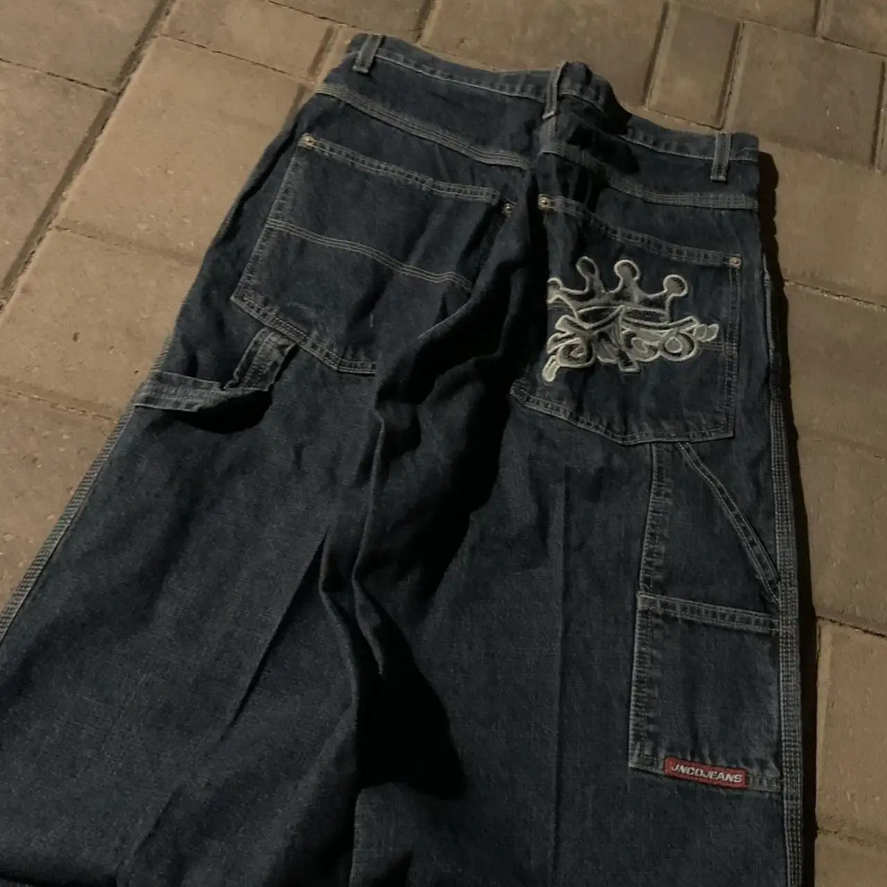 Jnco 하라주쿠 힙합 크라운 자수 청바지, 레트로 블루, 헐렁한 청바지, 여성 패션, 캐주얼 하이웨이스트 와이드 레그 팬츠