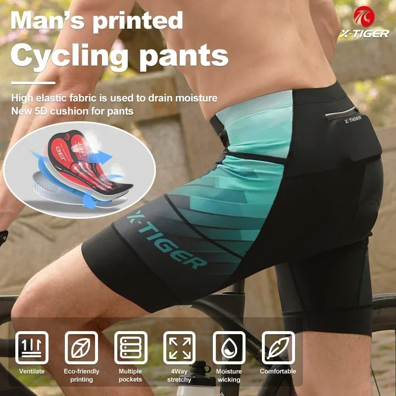 Cycling Shorts Lake Green printed Bike Tights 5D Gel Padded Pro Bicycle Shorts Breathable Man MTB With Pocket X-TIGER