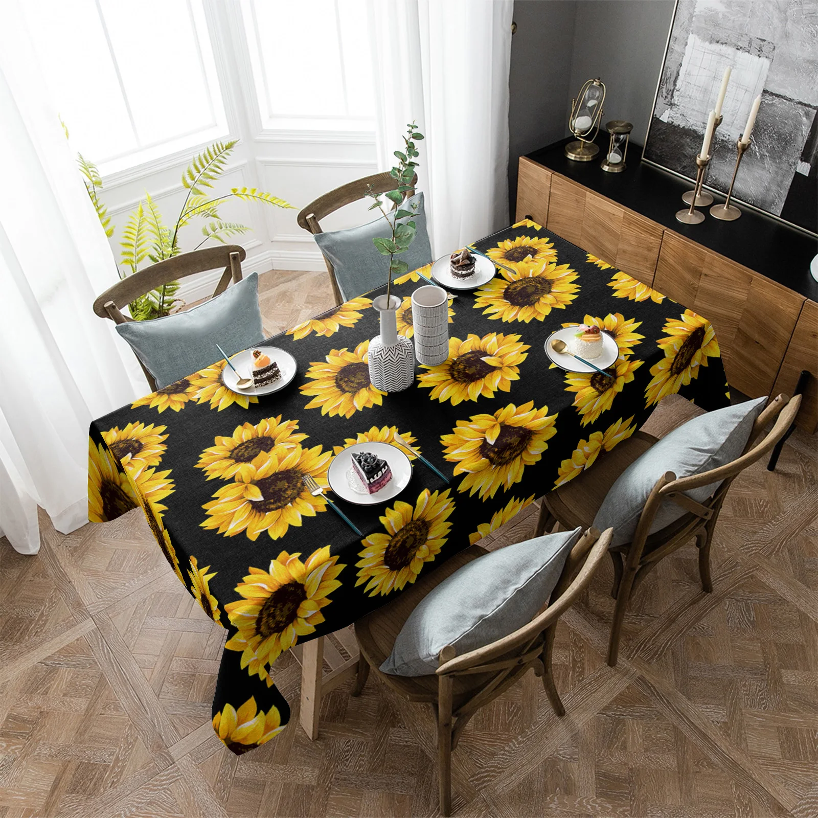 

Черная Водонепроницаемая скатерть в виде цветка подсолнуха, товары для украшения стола, прямоугольная ткань для декора кухонного стола