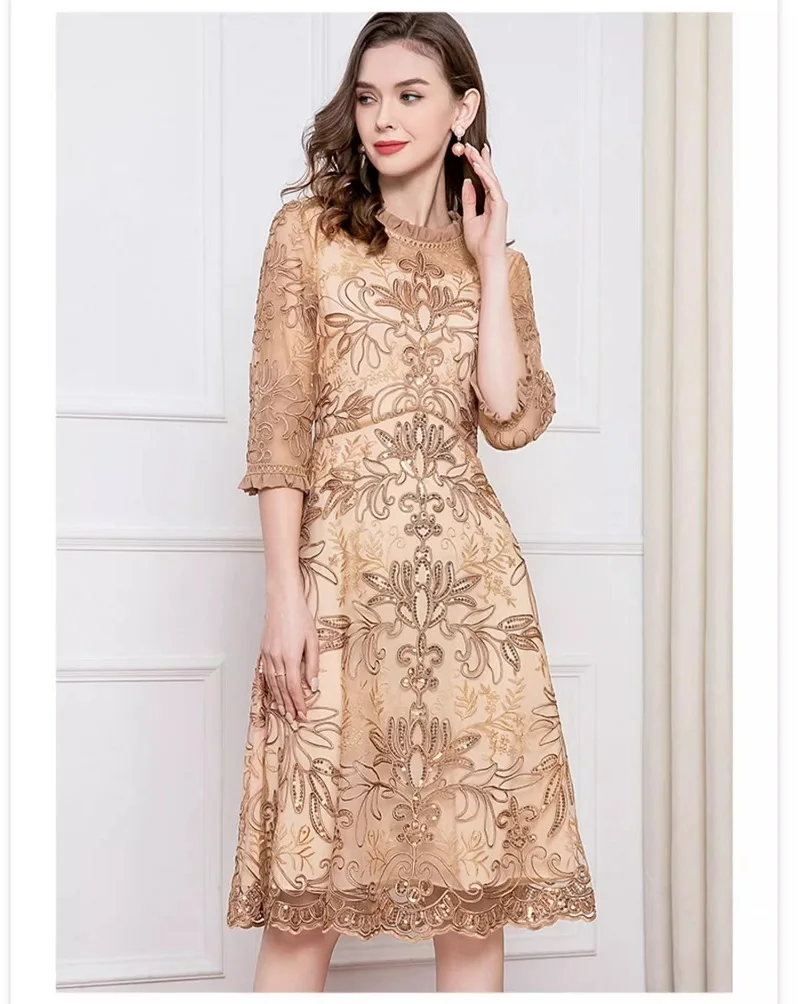 

Vestidos De Fiesta 2024 Spring Cocktail Party Women Sequined Embroidery 3/4 Sleeve Midi Apricot Purple Brown Lace Dress 3XL 4XL