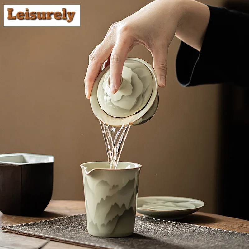 150ML Handmade Ru Kiln Porcelain Gaiwan Mountain Flower Sancai Ceramic Tea Tureen Tea Maker Cover Bowl Tea Items Supplies Gifts
