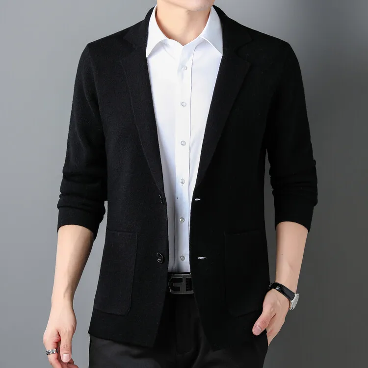 Men 100% Super Fine Merino Wool Blazer Coat 2024 Spring Autumn Knitted Pure Wool Man Single Breasted Cardigan 6