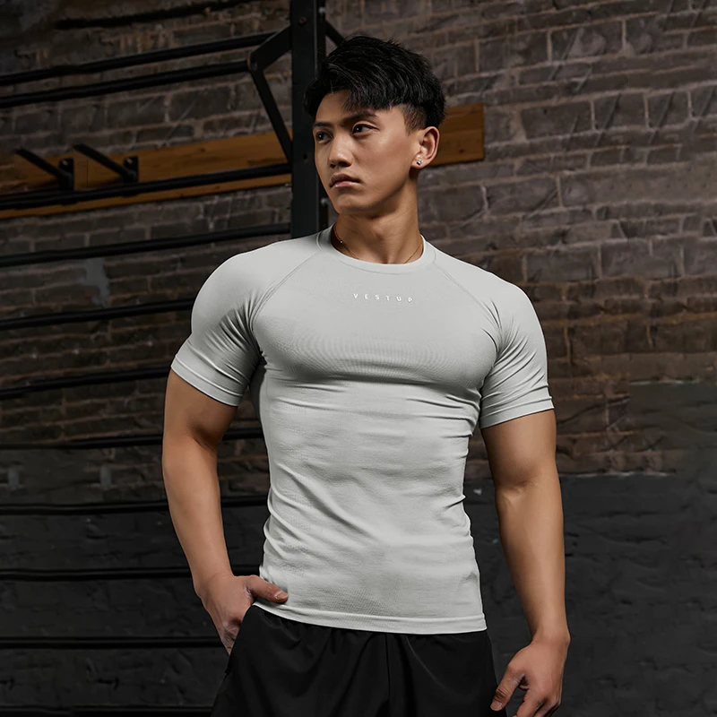 Vest Up American Slim-Fit Seamless Fitness Short Sleeve Men's Textured Short Sleeve High Elastic Anti-Wrinkle Men's T-Shirt