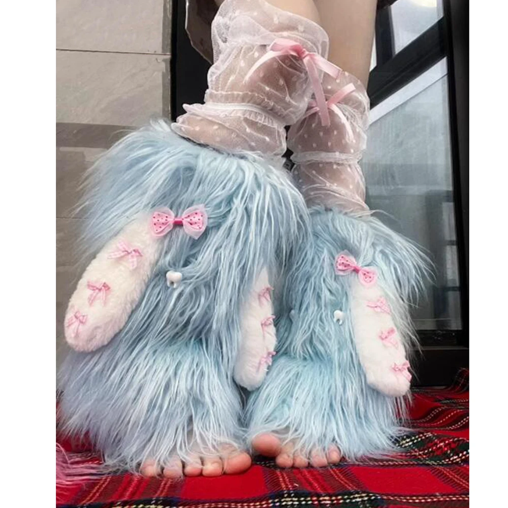 

Harajuku Pink Blue Sweet Bow Faux Fur Leg Warmers Socks Y2K Girls Japanese Kawaii Cartoon Rabbit Ears Warm Boot Cover Streetwear