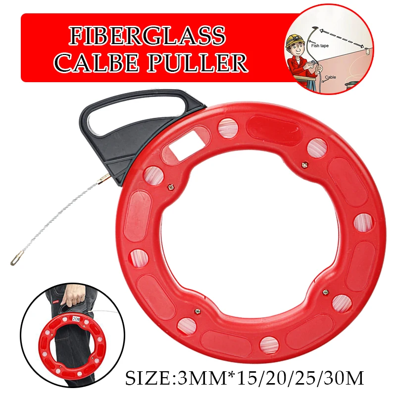 

15-30 Meter Fiberglass Professional Cable Puller Flexible Glider Swivel Fish Tape Portable Reel Conduit Duct Wire Pulling Tool