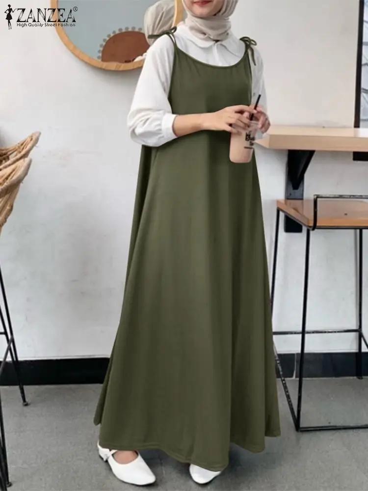 

ZANZEA Muslim Vintage Straps Dresses Fashion Abayas For Women Autumn Causal Solid Maxi Sundress Turkey Kaftan Isamic Vestidos
