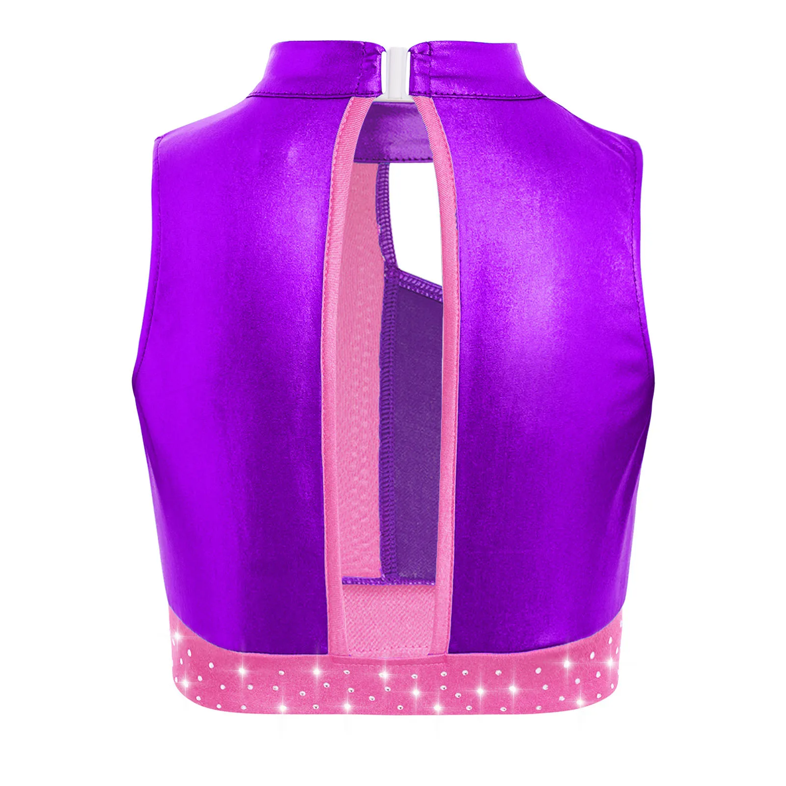 Kinder Mädchen Gymnastik Tanz Tops Praxis Performance Kostüm Stehkragen Ärmellos Ausschnitt Glänzende Strasssteine Metallic Crop Top – Detail 10