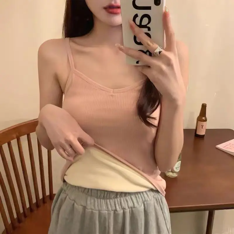 여성용 겨울 탑 보온 속옷, 민소매 블라우스, 따뜻한 조끼, 두꺼운 벨벳 이너, 단색 기본 캐미솔, 여성 의류