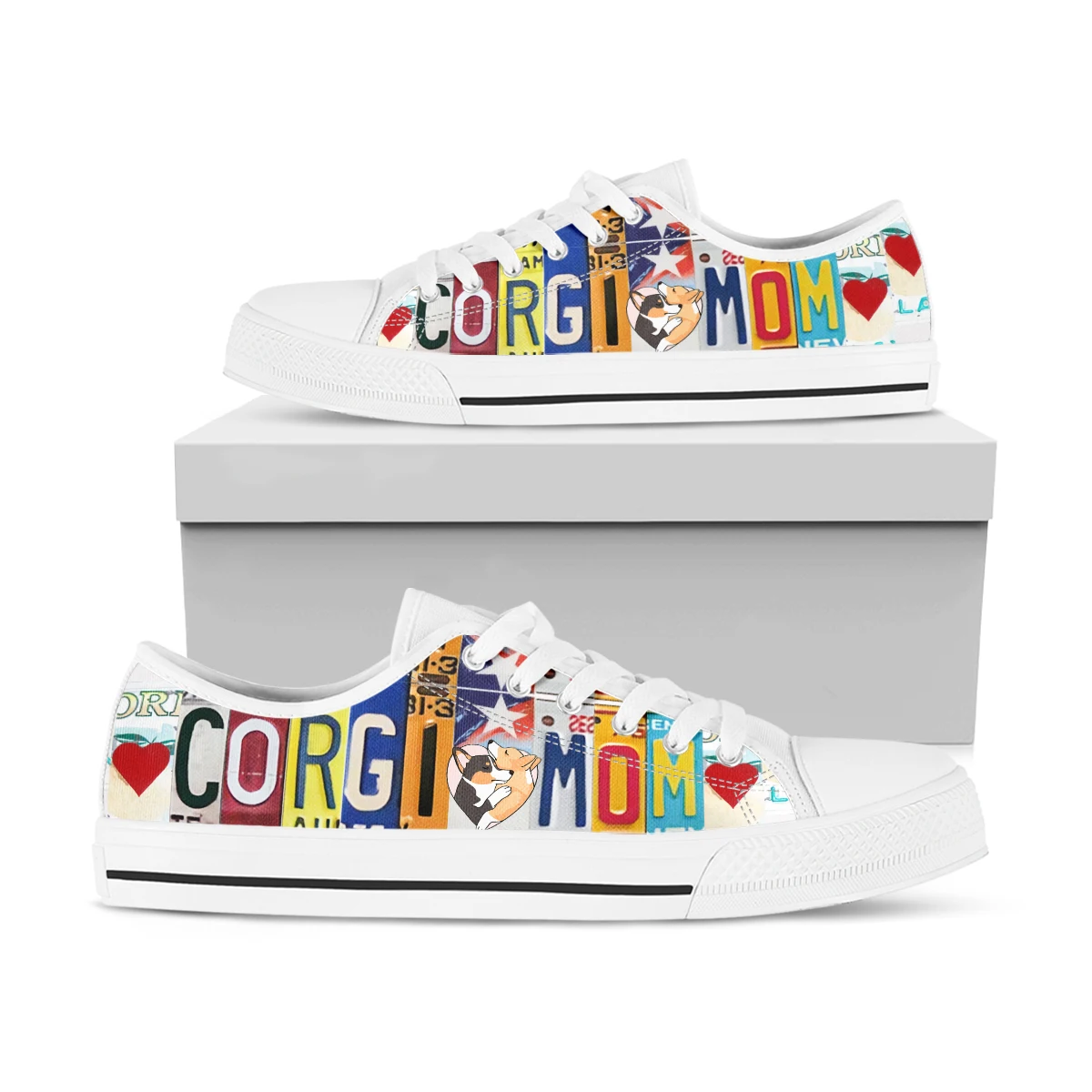 License Plate Corgi Mom Low Top Sneakers Womens Teenager Casual Shoes Canvas Running Shoes 3D Printed Lightweight Shoes