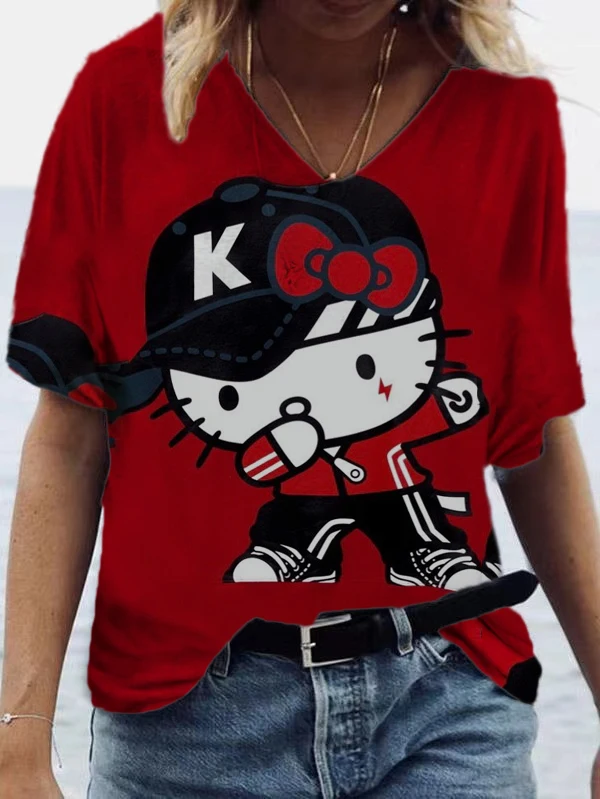 Hello-Kitty-Print-Cute-Blue-and-White-V-Neck-Top-Youth-Apparel-Kitty ...