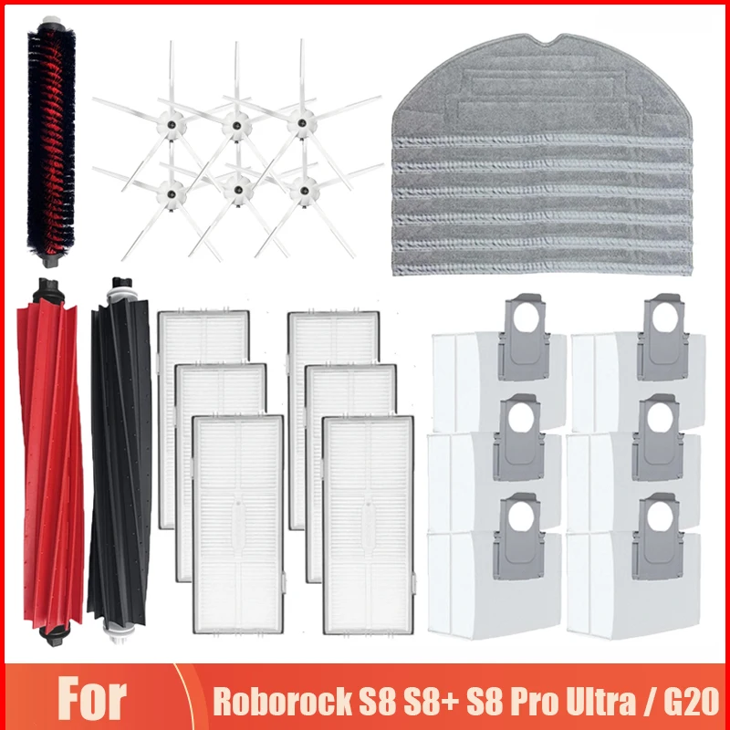 

Для Roborock S8 S8 + S8 Pro Ultra G20 аксессуары для робота-пылесоса Hepa фильтр пылевые мешки роликовая боковая щетка Швабра тканевые тряпки