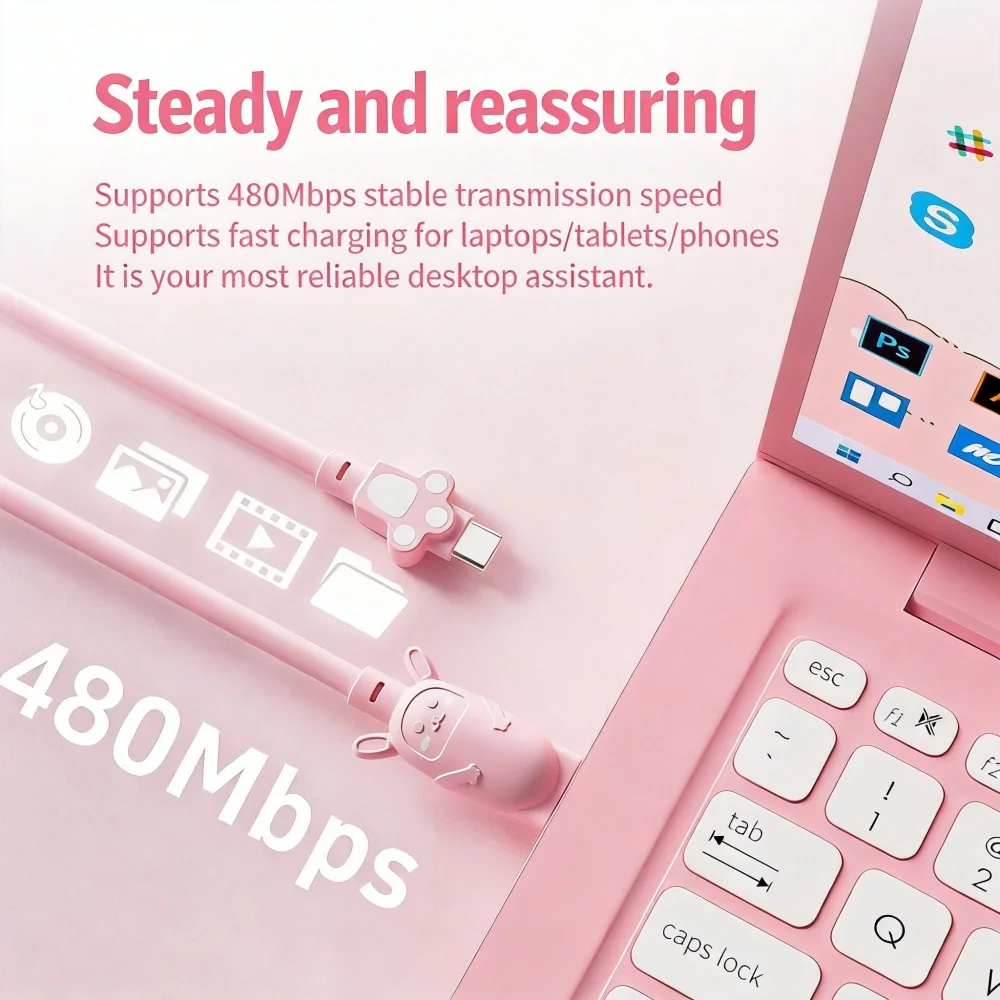 Cute Rabbit Fast Charging USB-C Cable - Pink, Skin-Friendly with Reinforced Durability and 480Mbps Data Transfer