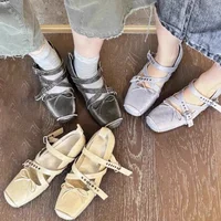 Cowhide Retro Bownot Lady Flat Shoes New Square Head Khaki Belt Buckle Ballet Shoes Korean High-end Brand Luxury Fashion Shoes 1