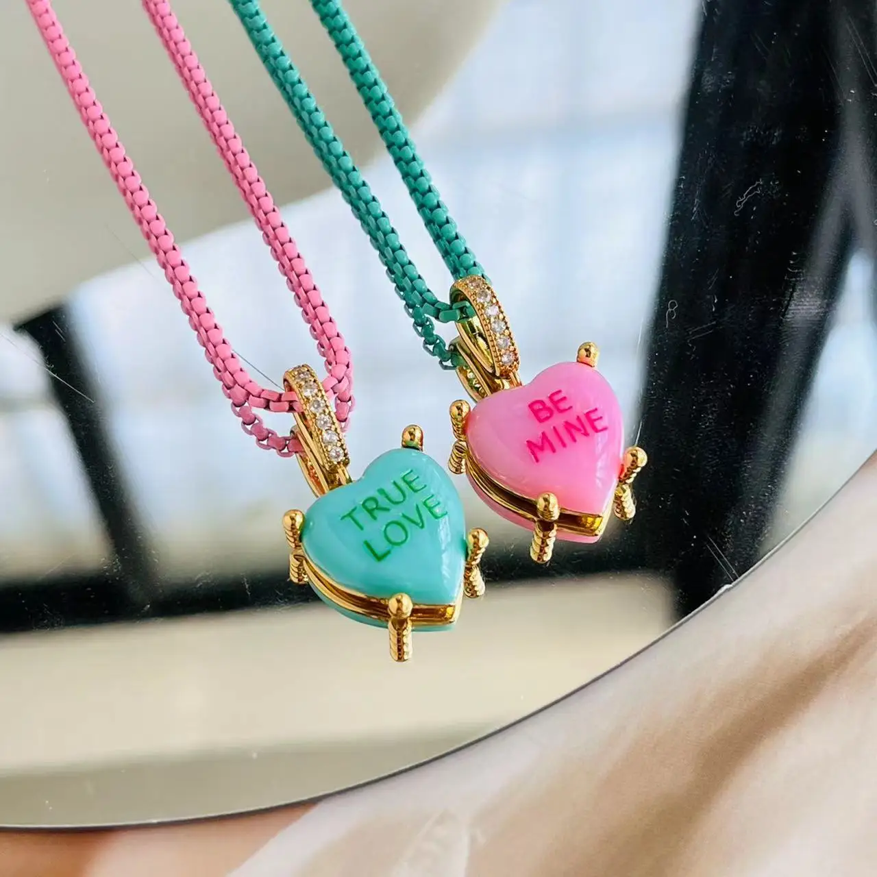 可愛い❢高品質ラリマー と ペリステライトのハートブレス❥ Colorful Heart Pendant Trendy English Words Resin Love Heart