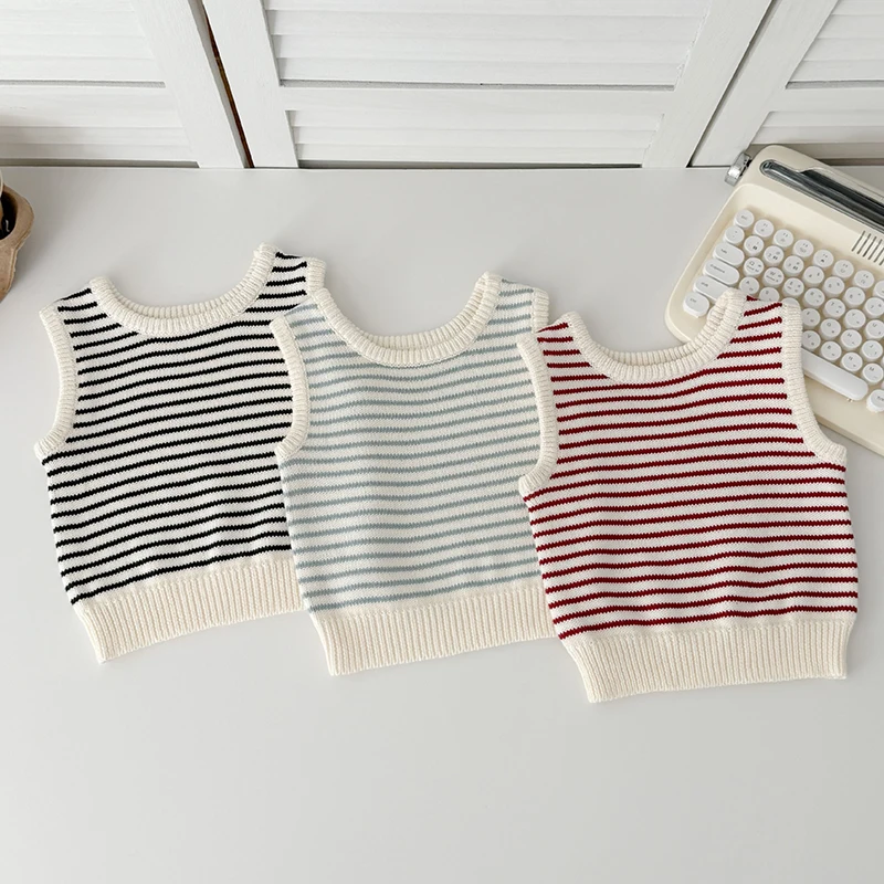 2025년 신상 가을 0-3세  남아 여아 니트 조끼  남아 여아 민소매 줄무늬 니트 풀오버 조끼