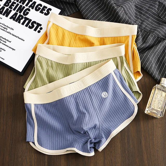3PCS/Pack 100% Cotton Solid Striped Men's Boxer Sexy Breathable Mesh U Crotch Underwear High Elastic Widen Waistband Underpants 1
