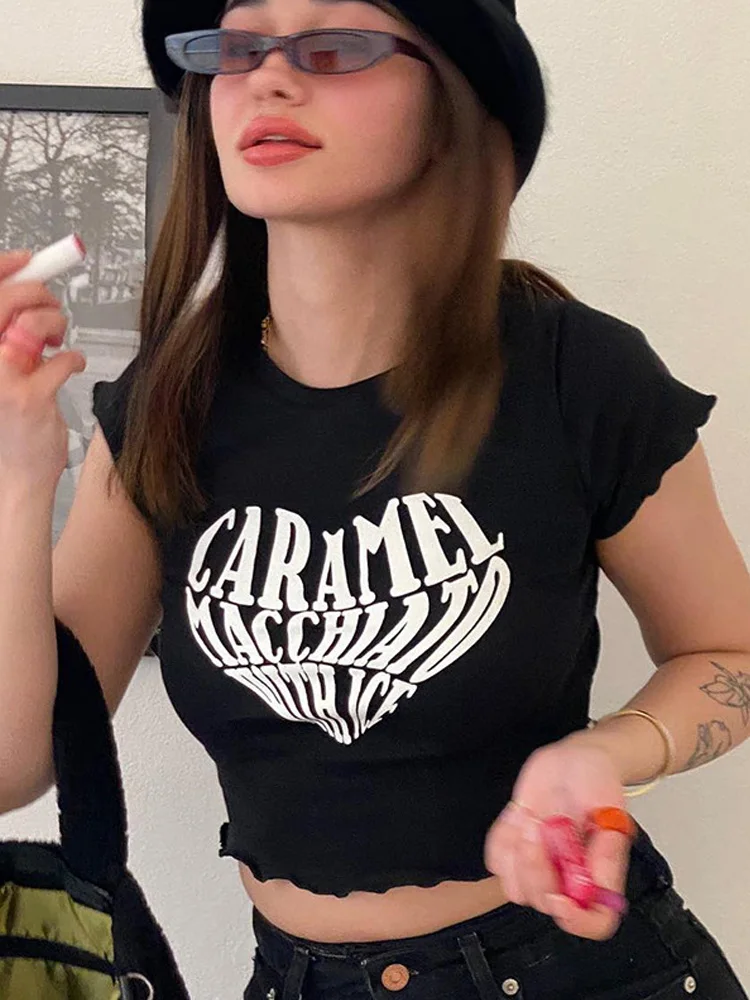 

Letters Print Crop Top Women T Shirt Short Sleeve Grunge Clothes Sexy Streetwear Pullover Y2k Accessories Ropa Mujer Mini Tshirt