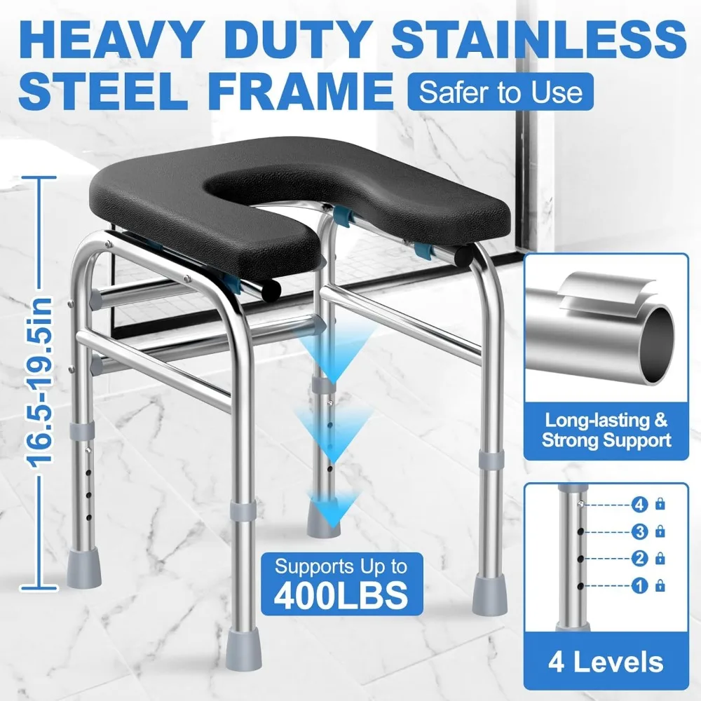 U-Shaped Shower Chair with Thick Padded Cushion, 400LBS Stainless Steel Shower Seat for Inside Shower, Adjustable Bath Chair 4