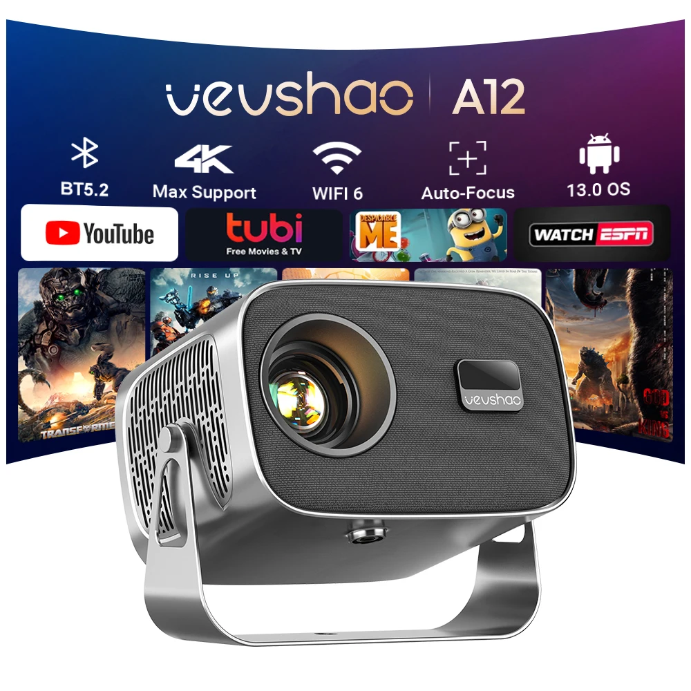 VEVSHAO proyector A12, proyector portátil 4K Android 13 con enfoque automático nativo, corrección trapezoidal, Bluetooth 5.2, WiFi 6, rotación de 360° y resolución 1280×720P para cine en casa