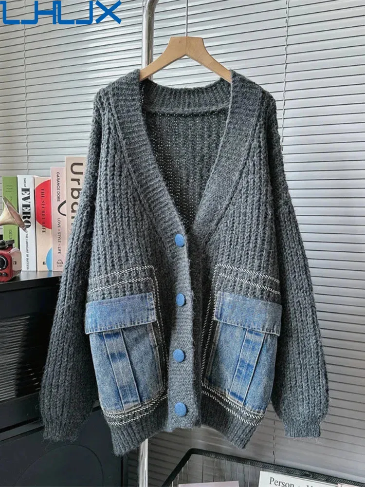 

LJHLJX Denim Pocket Patchwork Cardigan Women's Single Chest Oversized Fashionable Sweater Jacket 2024 Spring/winter AH206