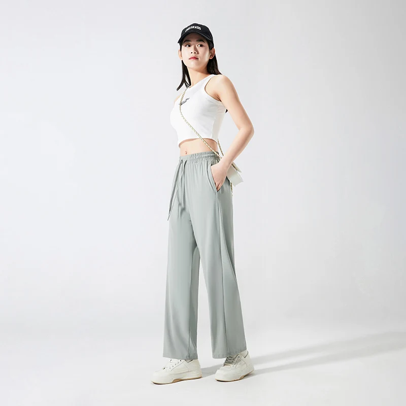 2024 Women's Summer Ice Silk Pants Casual Fashion Solid Color Versatile Loose Breathable Wide Leg Pants Outdoor Sports Pants