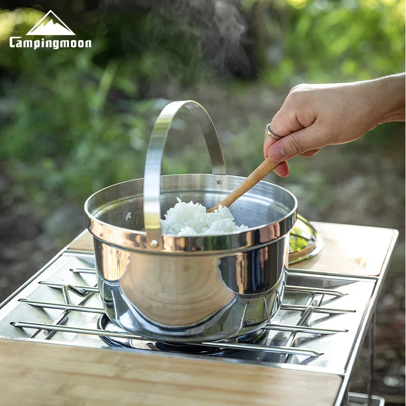 CAMPINGMOON Thickened Stainless Steel Camping Pot Self Driving Picnic Stew Rice Soup Pot Outdoor Cooking Utensil