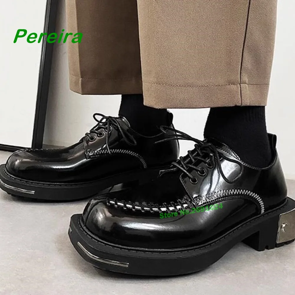 

Мужские кожаные туфли на толстой подошве, черные однотонные повседневные туфли-лодочки с квадратным носком, на шнуровке, в британском стиле, размер 43,