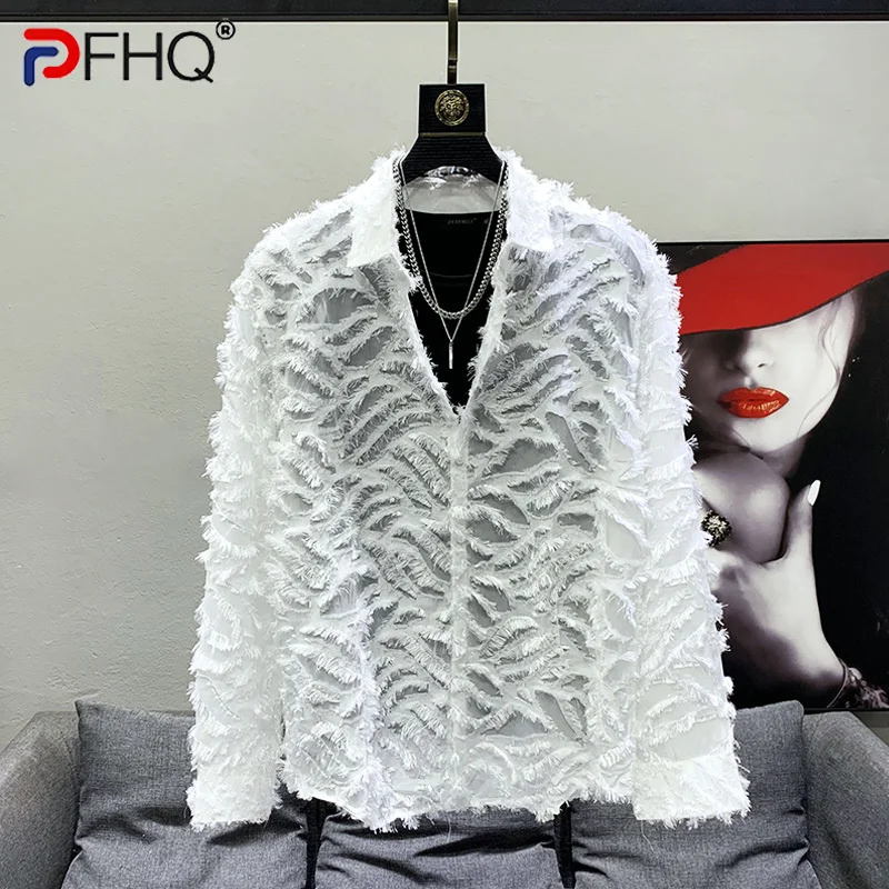 PFHQ Sexless 2023 Fashion Men’s Clothing Elegant Tassel Loose Long Sleeve Shirts Thin Trendy Hollow Jackets Tops Original Design
