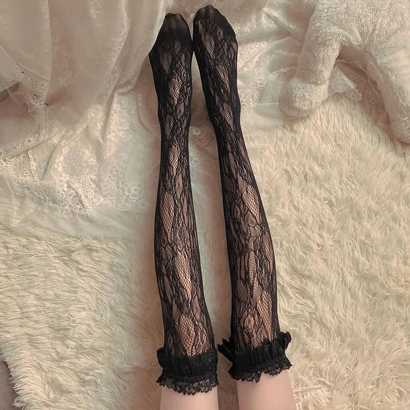 1 Pair Lolita Lace Stockings Women White Black Thigh Transparent Heart Over Knee Socks Female Jk Long Stocking Pantyhose