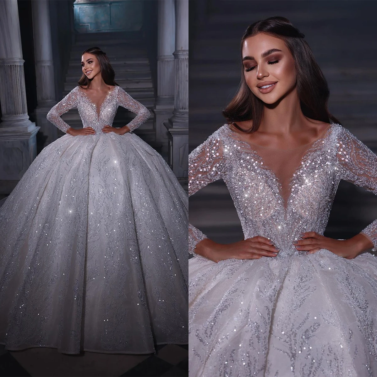 

Illusion Women Ball Gown For Wedding O-Neck Sequins Appliques Bridal Gowns Long Sleeve Slim Fit Tulle Dresses