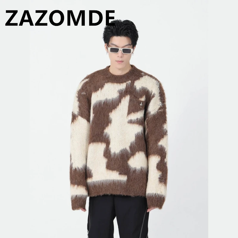 ZAZOMDE Winter Vintage Sweater Hip Hop Retro Knitted Fluffy Fuzzy Patchwork Jumpers Streetwear Harajuku Loose Knitwear Sweaters