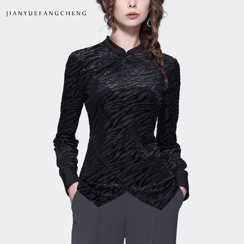

Retro Mandarin Collar Black Leopard Velvet Blouse Women Long Sleeve Crossed Tops Elegant Slim Chinese Style Chi-pao Shirts