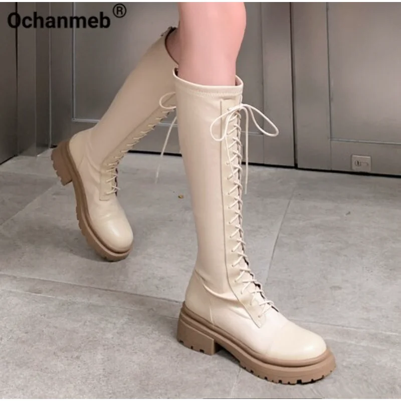 

Ochanmeb Women Real Leather Knee-High Boots Square Heels Platforms Zipper Riding Boots Luxury Lace-up Combat Shoes Autumn Winter